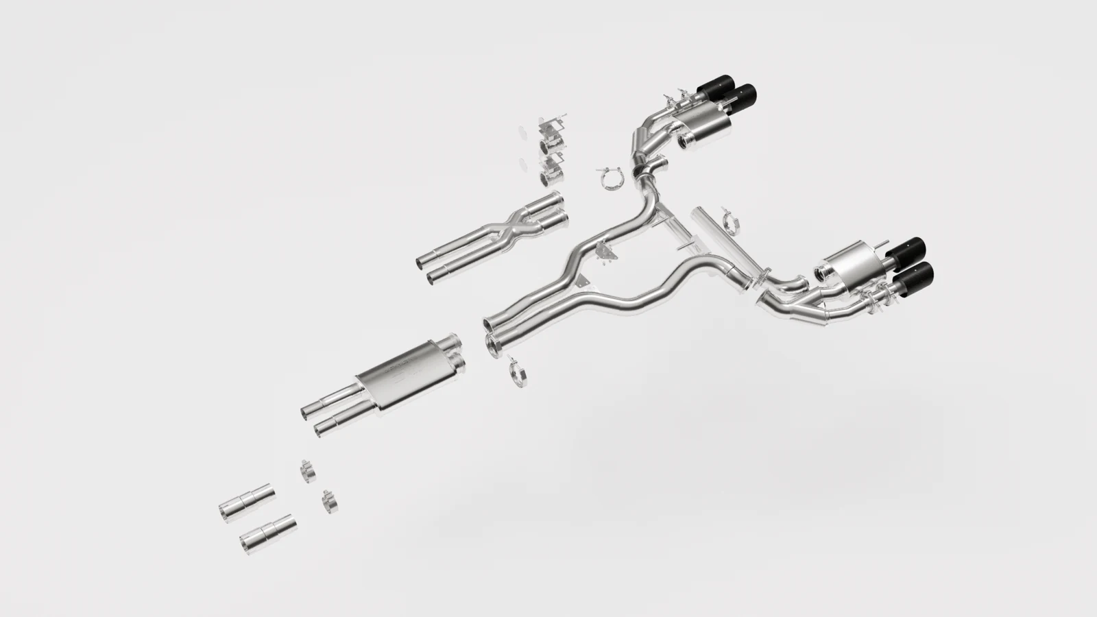 Rendered MagnaFlow exhaust assembly with multiple pipes, mufflers and exhaust tips.