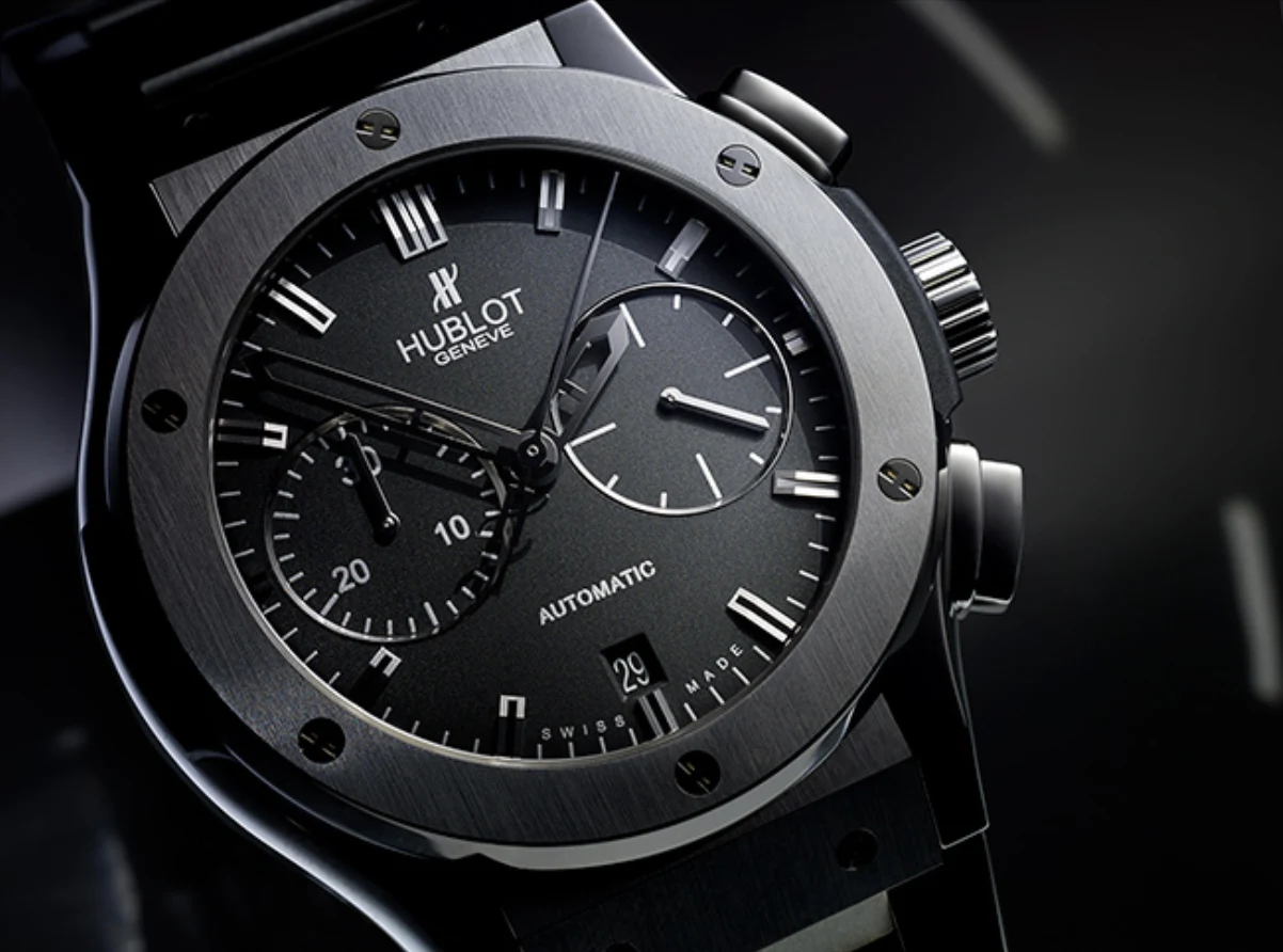 Black metal chronograph in a controlled dark scene