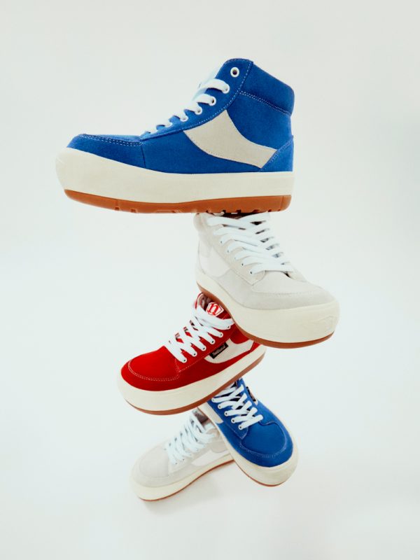 Three colorways of one sneaker stacked in a campaign scene