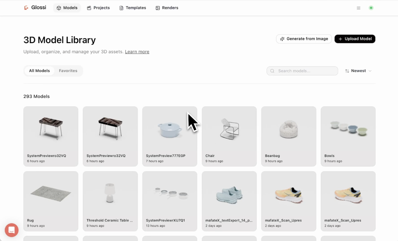 Glossi 3D Model Library showing managed product assets