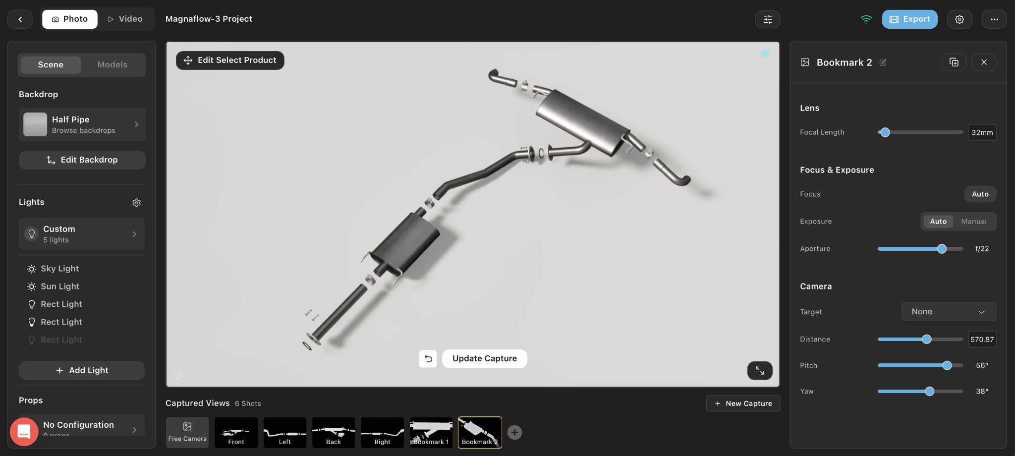 MagnaFlow exhaust system digital twin in Glossi Studio with lens, exposure, and camera controls