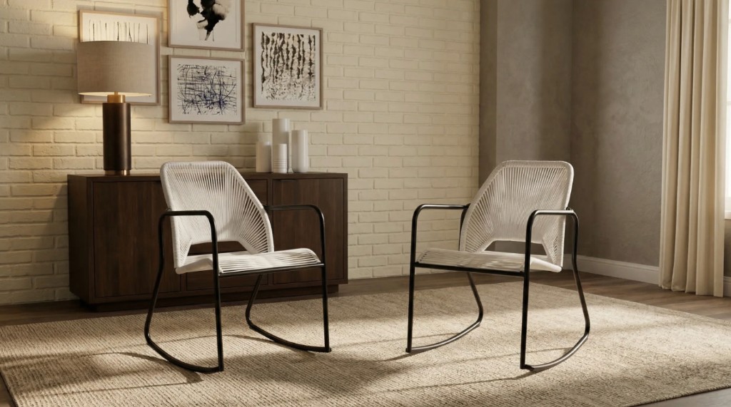 The chair render adapted into a warm interior scene